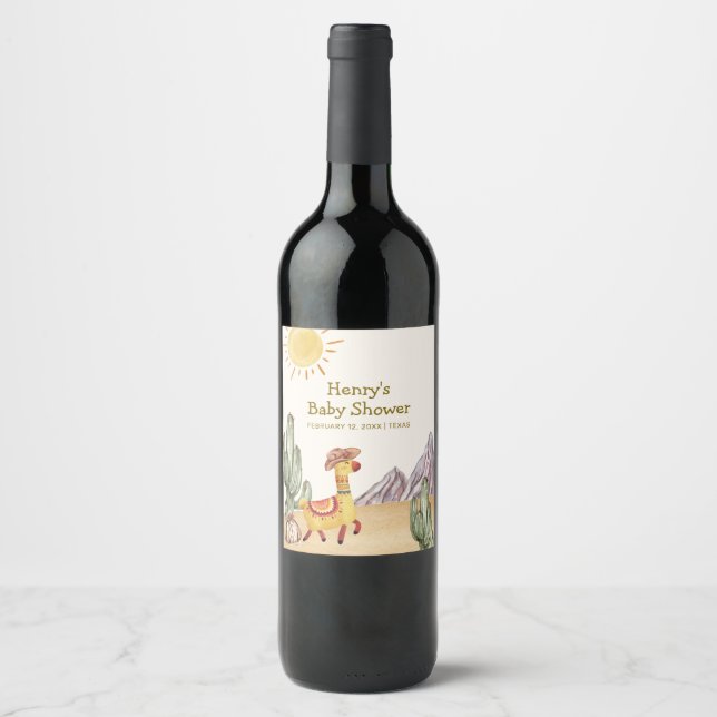 Hello Baby Desert Cactus Llama Cowboy Baby Shower Wine Label (Front)