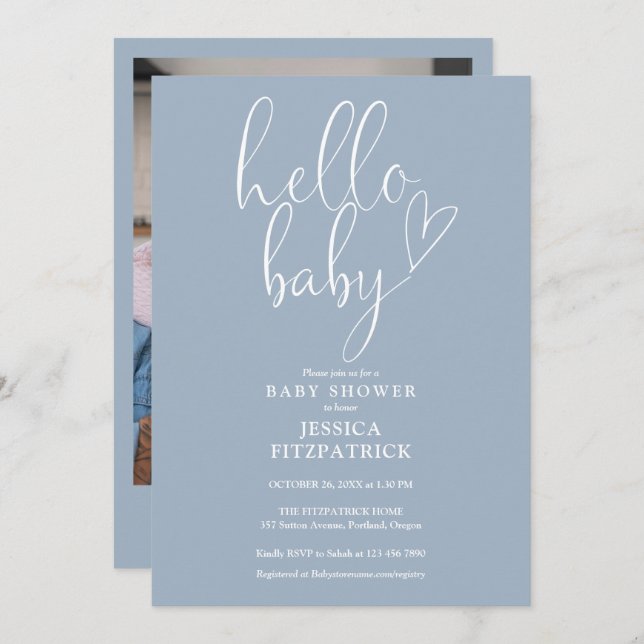 Hello Baby Dusty Blue Boy Photo Baby Shower Invitation (Front/Back)