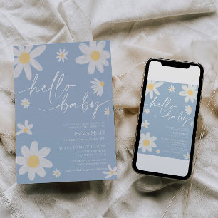 Hello Baby Dusty Blue Daisy Baby Shower Invitation