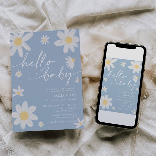 Hello Baby Dusty Blue Daisy Baby Shower  Invitation (Creator Uploaded)