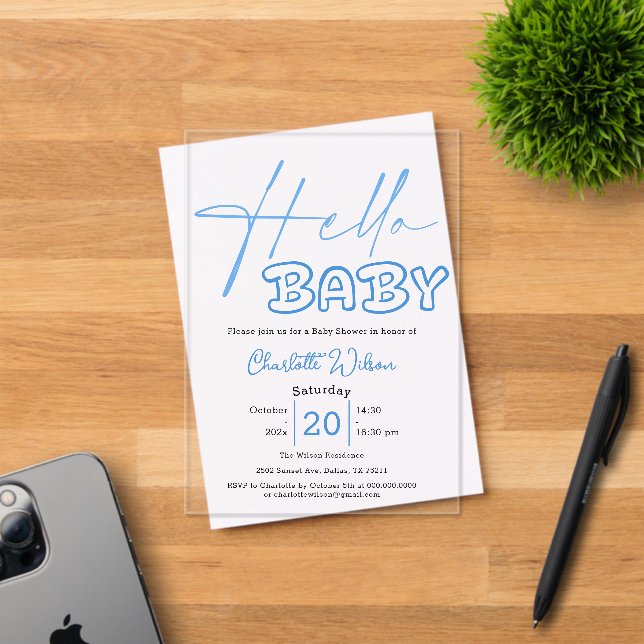 Hello Baby Elegant Blue Baby Shower Acrylic Invitations (Insitu (Invitation Card))