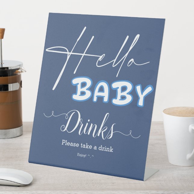 Hello Baby Elegant Dark Blue Baby Shower Drinks Pedestal Sign (In SItu)