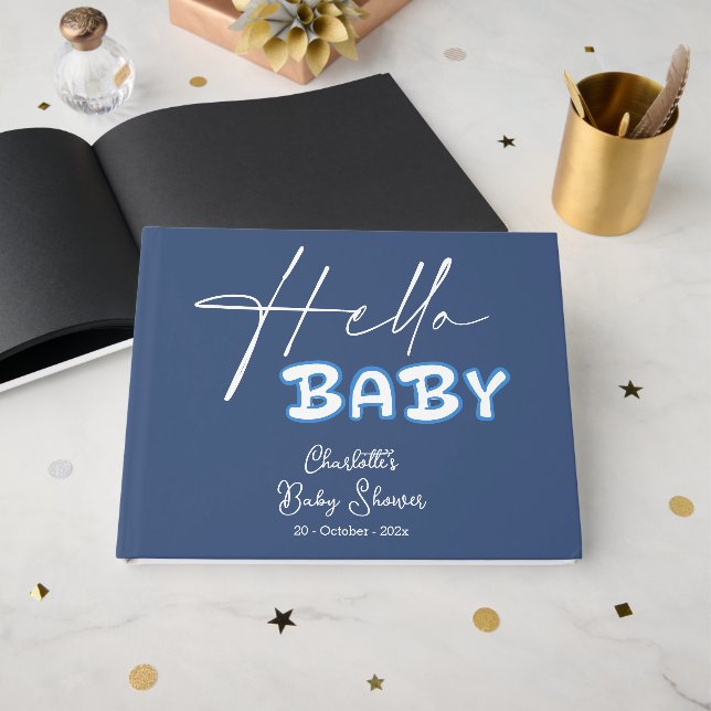 Hello Baby Elegant Dark Blue Baby Shower Guest Book (Front Open)