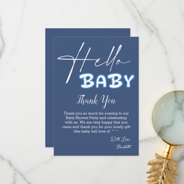 Hello Baby Elegant Dark Blue Baby Shower Thank You Card (Front/Back In Situ)