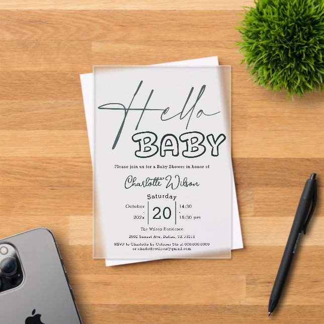 Hello Baby Elegant Dark Green Baby Shower Acrylic Invitations (Insitu (Invitation Card))