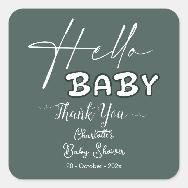 Hello Baby Elegant Dark Green Baby Shower Square Sticker (Front)
