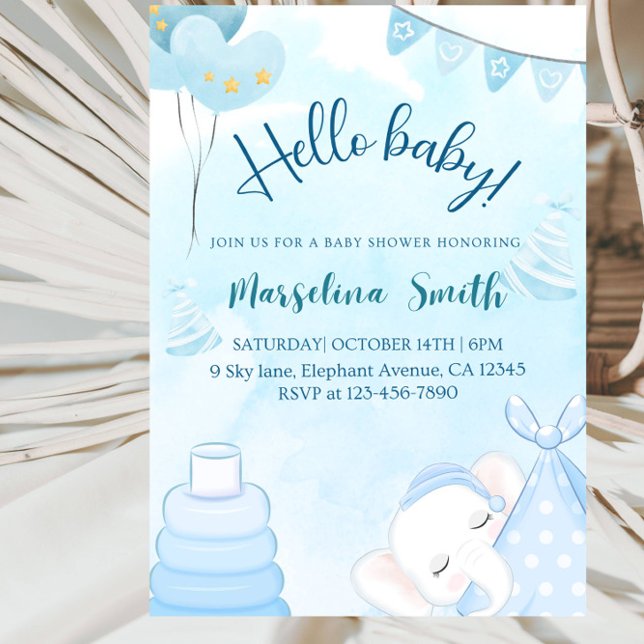 Hello Baby Elephant Baby Shower Party Invitation (Creator Uploaded)