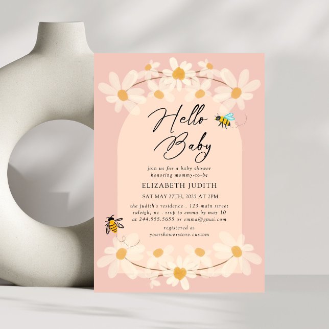 Hello Baby Floral Daisy Bees Baby Shower Invitation (Creator Uploaded)