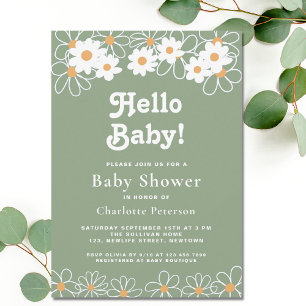 Hello Baby Gender-Neutral Daisy Green Baby Shower  Invitation