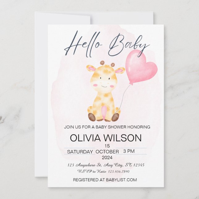 Hello Baby Giraffe Baby Shower Invitation (Front)