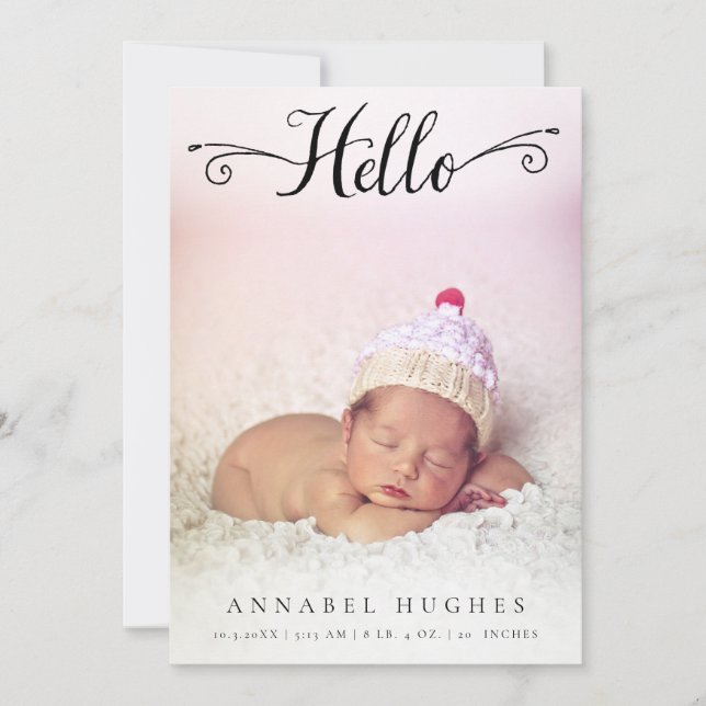 Hello Baby Girl Birth Announcement Photo Cards (Front)