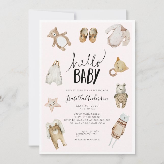 Hello Baby Girl Boho Pink Watercolor Baby Shower Invitation (Front)
