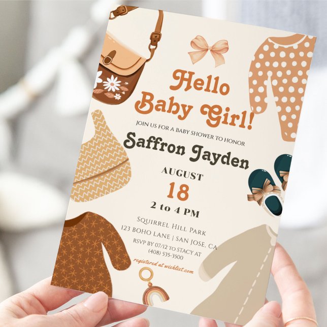 Hello Baby Girl Clothes Retro Earthy Baby Shower Invitation (Creator Uploaded)