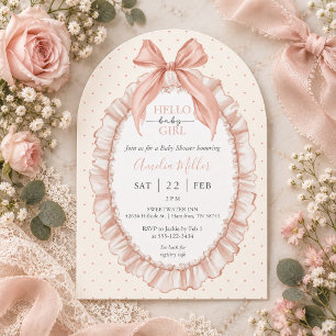 Hello Baby Girl Coquette Bow and Lace Baby Shower Invitation
