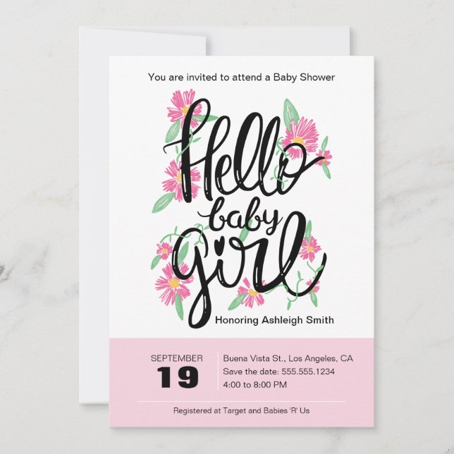 Hello Baby Girl Modern Floral Baby Shower Invite (Front)