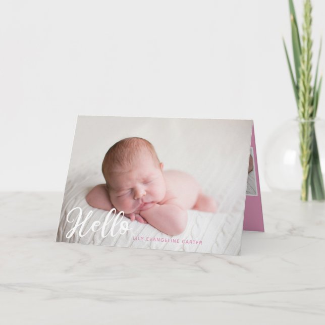 Hello Baby Girl Photo Simple Script Pink Birth Announcement (Front)