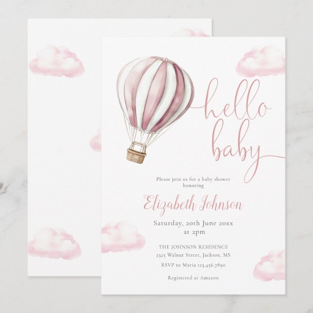 Hello Baby Girl Pink Hot Air Balloon Baby Shower Invitation (Front/Back)