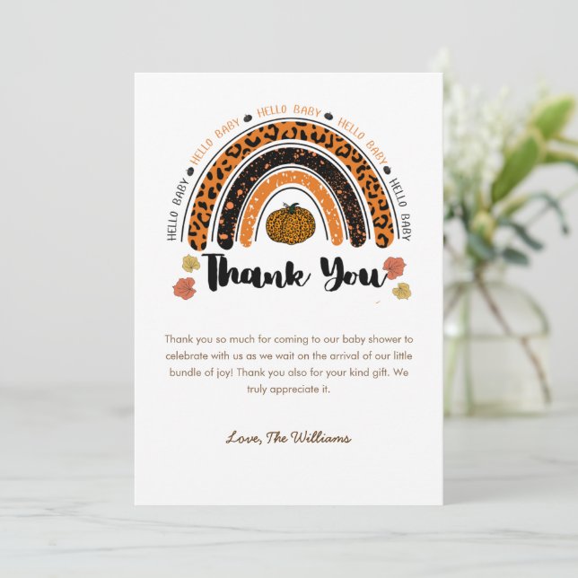 Hello Baby Girl Pumpkin Baby Shower Thank You Card (Standing Front)