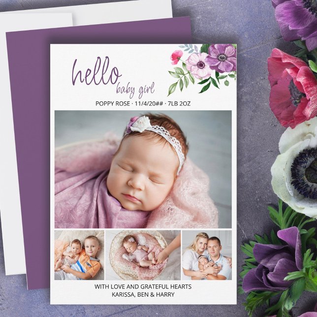 Hello Baby Girl Purple Floral 4 Photo Birth Announcement (Creator Uploaded)