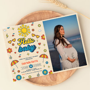 Hello Baby Groovy Retro Baby Shower Party Photo  Invitation