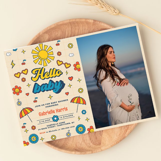 Hello Baby Groovy Retro Baby Shower Party Photo  Invitation (Creator Uploaded)