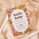 Hello Baby | Groovy Retro Flowers Boho Baby Shower Invitation<br><div class="desc">Retro baby shower invitations featuring midcentury modern arches, flower power patterns, and groovy type. The front of this card features a floral pattern background with a white oval overlay in the centre. The warm vintage colour palette of brown, yellow, orange, cream, and green hues gives a real 70s touch. The...</div>