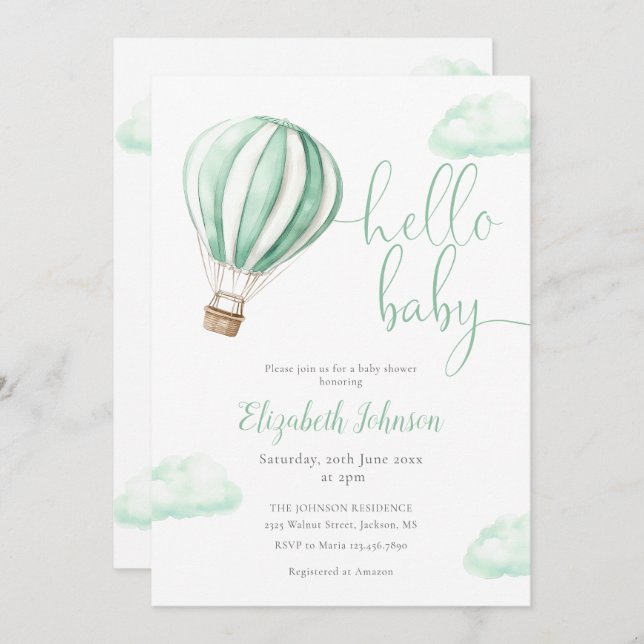 Hello Baby Hot Air Balloon Neutral Baby Shower Invitation (Front/Back)