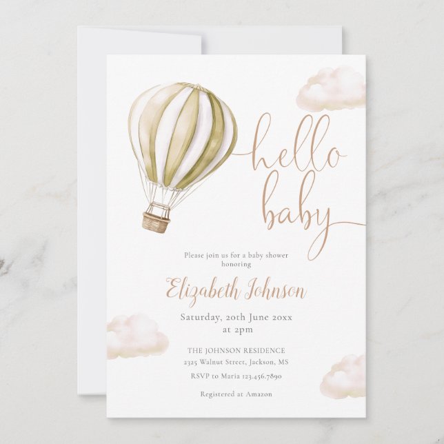 Hello Baby Hot Air Balloon Neutral Baby Shower Invitation (Front)