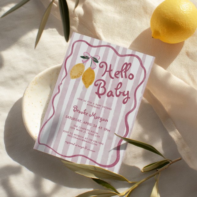 Hello Baby Lemon Bows Girls Baby Shower Invitation (Hello Baby Lemon Baby Shower Invite)
