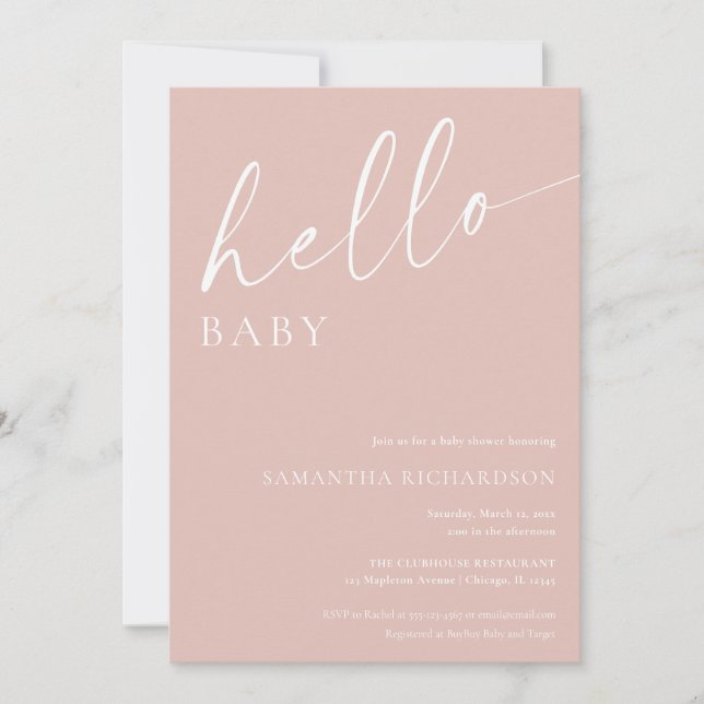 Hello baby minimalist blush pink girl baby shower invitation (Front)