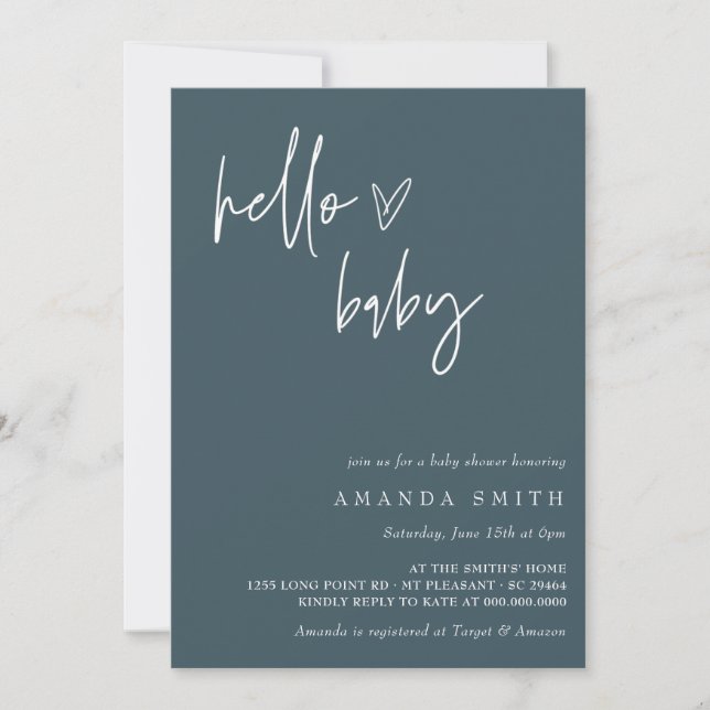 Hello Baby Minimalist Boho Blue Boy Baby Shower  Invitation (Front)