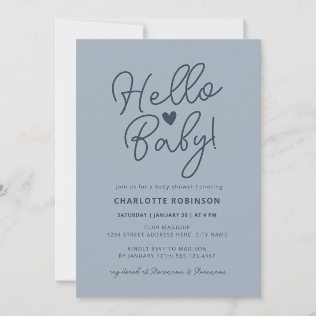 Hello Baby Modern Cute Dusty Blue Boy Baby Shower Invitation (Front)