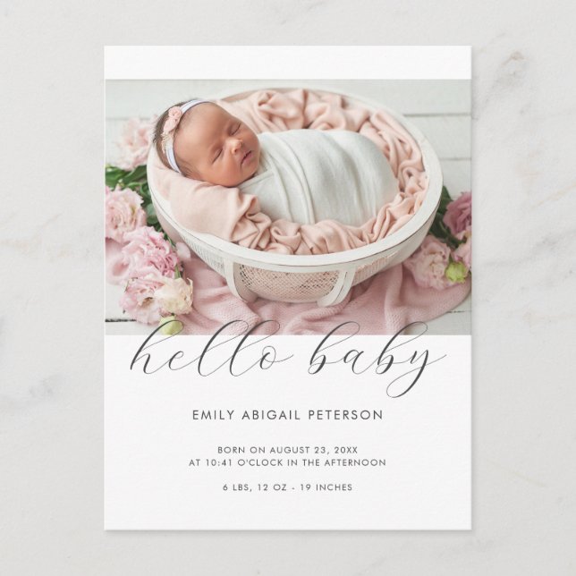 Hello Baby Modern Simple Photo Birth Announcement Postcard (Front)