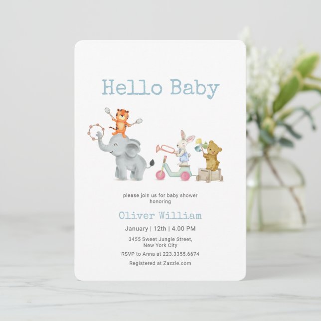 Hello Baby Musical Elephant Parade Baby Shower   Invitation (Standing Front)