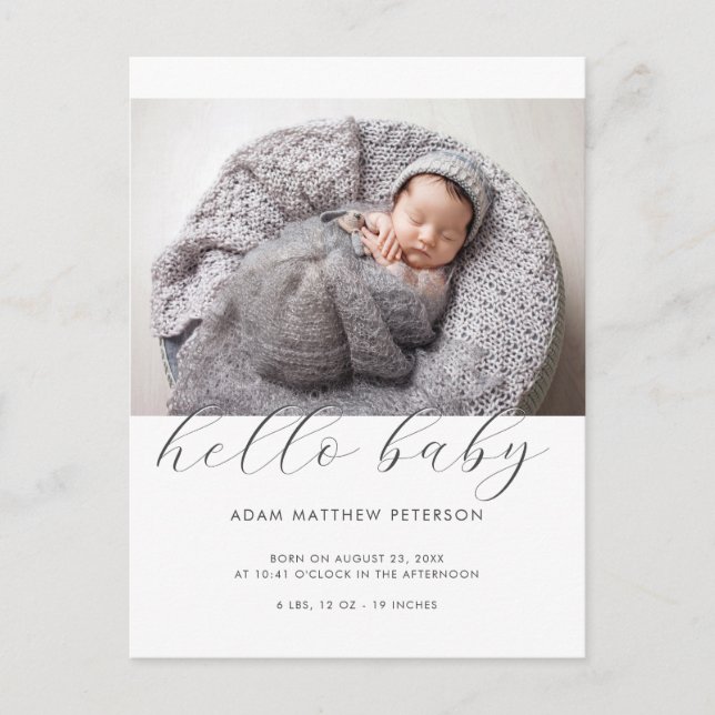 Hello Baby Neutral Black White Birth Announcement Postcard (Front)