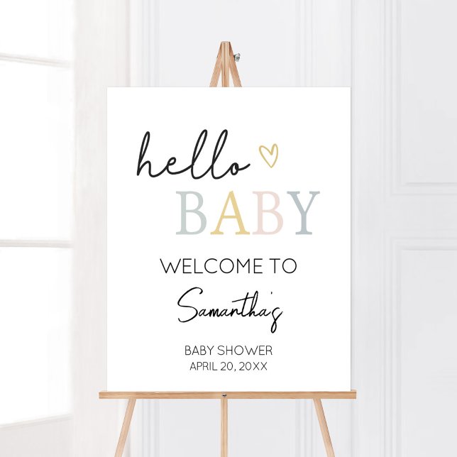 Hello Baby Neutral Minimalist Welcome Poster (Pastel Letters Minimalist Baby Shower Welcome Sign)