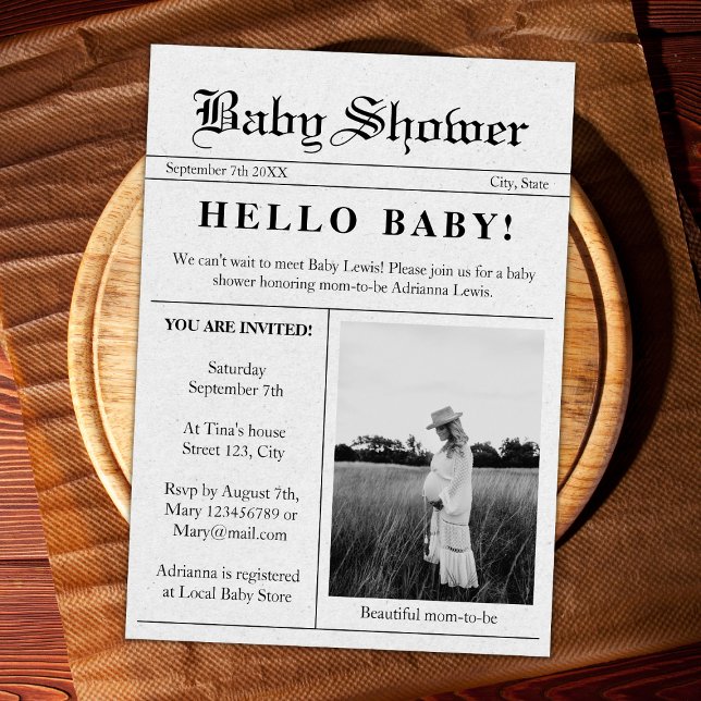 Hello Baby Newspaper Photo Baby Shower Invitation (newspaper style baby shower invitation photo unique hello baby gender neutral)