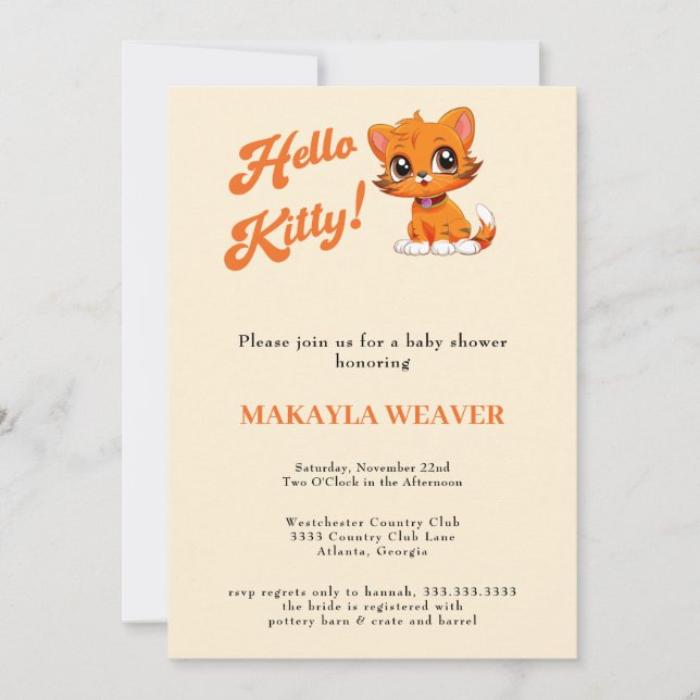hello baby Orange Script cat Baby Shower Invitation (Front)