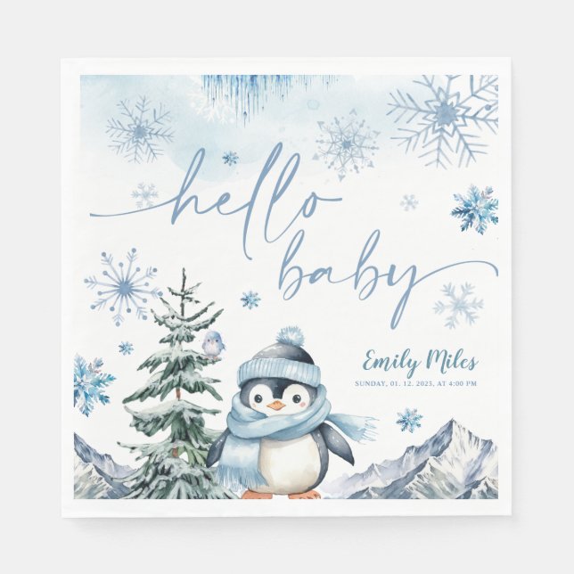 Hello Baby Penguin, Winter blue baby shower Napkin (Front)