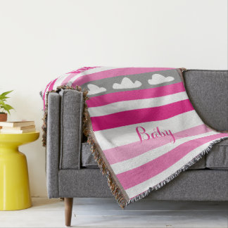 Hello baby Personalised Modern Pink Striped Clouds Throw Blanket