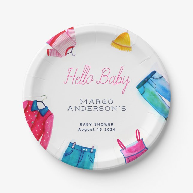 Hello Baby Pink Blue Clothes Baby Shower Paper Plate (Front)