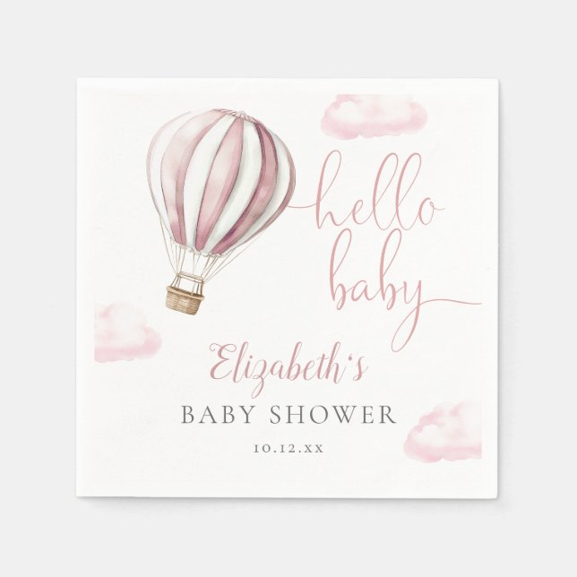 Hello Baby Pink Hot Air Balloon Baby Shower Napkin (Front)