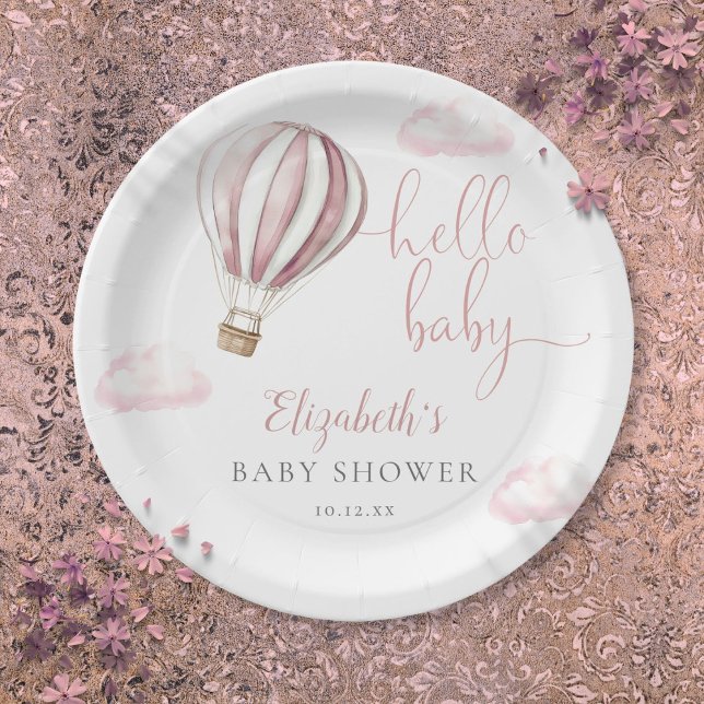 Hello Baby Pink Hot Air Balloon Baby Shower Paper Plate (Hello Baby Pink Hot Air Balloon Baby Shower Paper Plates)
