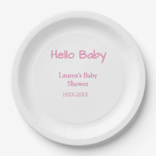 hello baby pink pastel baby shower name date trend paper plate