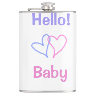 Hello baby pink purple heart name watercolor boho hip flask