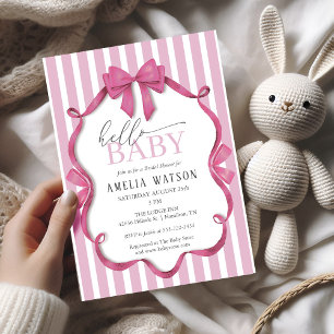 Hello Baby Pink Striped Bow Baby Shower Invitation