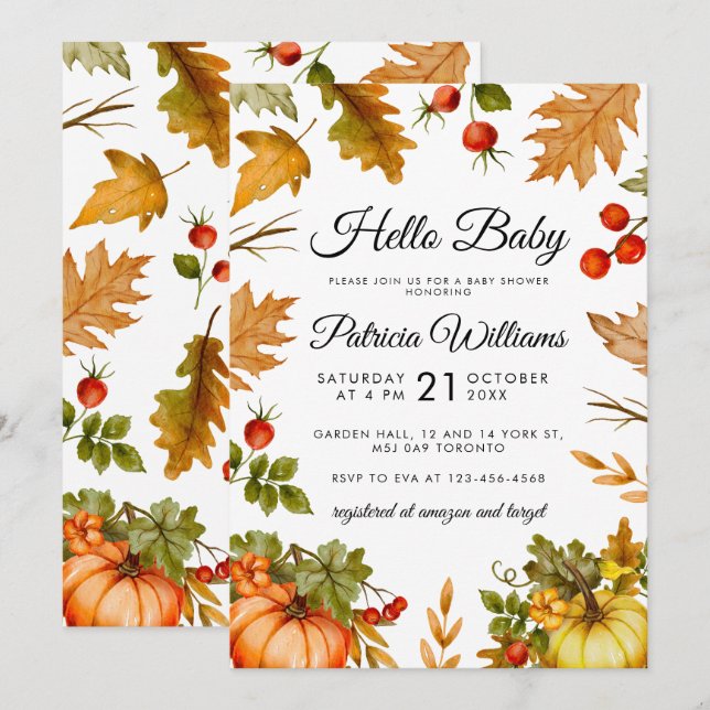 Hello Baby Pumpkin Foliage Autumn Baby Shower Invitation (Front/Back)