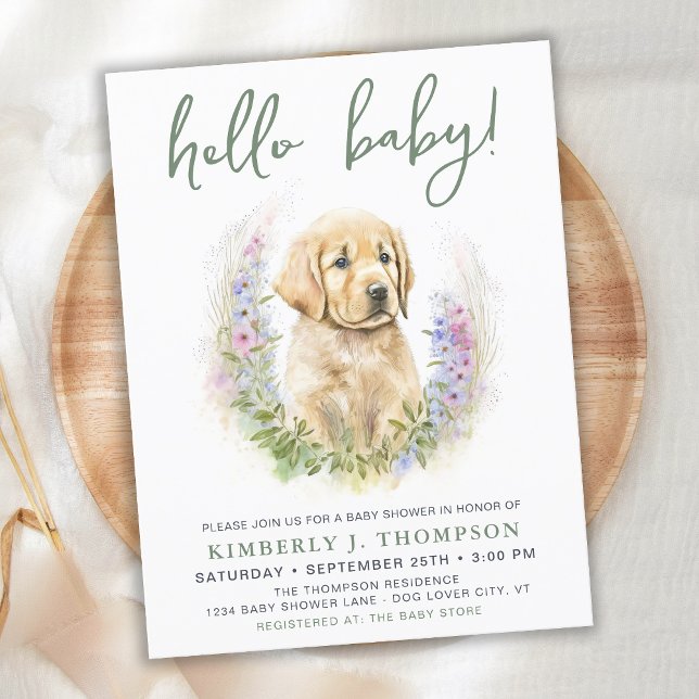 Hello Baby Puppy Dog Modern Sage Green Baby Shower Invitation Postcard (Creator Uploaded)