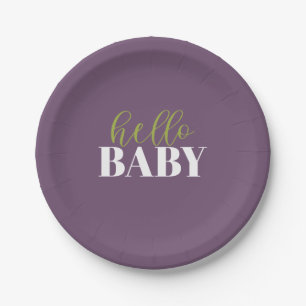 Hello Baby Purple and Green Baby Shower Paper Plate