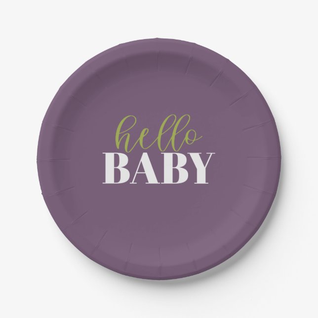 Hello Baby | Purple and Green Baby Shower Paper Plate (Front)